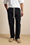 Men's Baggy Fit Rope Drawstring Linen Look Trousers Black - 3