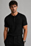 Men's Black Henley Collar Short Sleeve Premium Cotton Ribbed T-Shirt