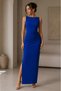 Women's Pleated Side Slit Boat Neck Maxi Length Crepe Fabric Dress