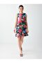 Black Linen Blend Floral Print Boat Neck Mini Dress
