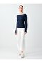 Navy Blue Straight Cut Long Sleeve Boat Neck Knitted Blouse - 2