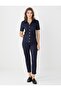 Navy Blue Short Sleeve Shirt Collar Slim Fit Knitted Blouse - 2