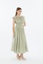 Women's Green Wide Bell-Bottom Skirt with Drawstring Waist Design, Short Sleeves, Fitted at the Waist, Pinterest Chic Equivalent Midi Dress. - 7