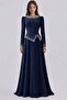 Pearl Decorated Crepe Hijab Evening Dress Dark Blue 1691 - 3