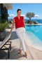 بلوزة ساتان بأزرار باللون الأحمر - 6
