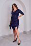 Double-Breasted Collar Evening Dress with Stone Details - 7