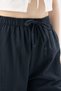 Crep Women's Linen Textured Elastic Waist Lace-Up High Waist Wide Leg Relaxed Fit Trousers 100% Cotton Navy Blue - 3