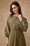 Striped Detailed Elastic Waist Muslin Dress Khaki 9453-E - 5