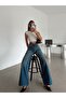 Wide Leg Washed Jean Trousers - Blue - 3