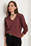 Women's Dark Rose Dusty V-Neck Wool Viscose Flowy Blouse Blz- 19002729 - 5