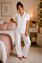 Women's White Buttoned Pajama Set Short Sleeve Comfortable Home Wear - 2