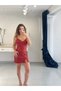Red Sequined Mini Dress with Rope Straps and Slit Detail - 2