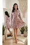 Women's Ethnic Patterned Self-Tie Belted Shirt Dress with Tie-Up Sleeves Detail