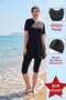 Black Women's Short Sleeve Closed Hijab Swimsuit (Built-In Breast Pad Available on the Inside) Capri - 4