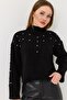Women's Turtleneck Sweater with Stones and Pearls, Bitter Brown - 3