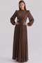 Yoryo Silk Hijab Evening Dress with Pleated and Stone Brooch Detail Brown 1244