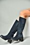 R654047702 Navy Blue Genuine Leather Suede Thick Heeled Women's Boots - 2