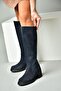 R654047702 Navy Blue Genuine Leather Suede Thick Heeled Women's Boots - 3