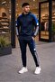 Men'S, Navy Blue, Diving Fabric, Stripe Detailed, Hooded Tracksuit Set - 4