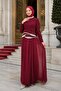 Burgundy Pearl Embroidered Evening Dress - 2