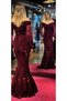 Cherry Color Long Sleeves Lace Detailed Mermaid Skirt Velvet Sequin Long Evening Dress 6840 - 5