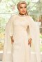 Yoryo Silk Hijab Evening Dress with Stone Collar and Cape Detail Cream 1247 - 2