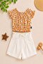 Girl's Summer Interlock Twill Fabric Floral Printed Linen Shorts Top and Bottom 2-Piece Set Thin