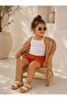 Baby Orange Corded Ribbed Single Sleeve Crop Suit Top and Bottom Summer Shorts Set - 2