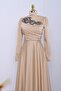 Evening Dress with Stone Collar and Draped Front - Mink