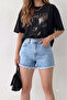 Btl Women's Ice Blue Light Blue Snow Wash Tasseled Denim Shorts New-1