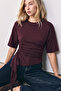 Burgundy Short Sleeve Gathered Waist 95% Cotton Blouse - 2