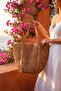 Oval Leather Base Leather and Straw Handle Snap Fastener Lined Soft Beach Imported Straw Bag