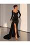 Heart Neckline Off-The-Shoulder Long Sleeve Glop Slit Fish Long Maxi Length Satin Fabric Dress Khaki 582355 Black