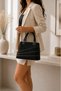 Small Size Multi-Compartment Women's Hand and Shoulder Bag with Sequin Detail and Stone Stripes, Fully Lined Inside, Black 24X17X12 cm - 5