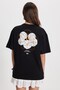 Women's Oversize Wide Cut Crew Neck 100% Cotton Soft Textured Printed Black T-Shirt - 8