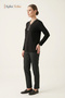 Women's Black Travel Motif Pattern V-Neck 3 Button Mother's Cotton - 2