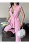 Tie-Fastened Blazer Vest and Wide-Let Pants Suit - 3