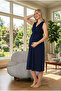 New Season Navy Blue Summer V-Neck Lace Detailed Design Wide Strap Buttoned 100% Cotton Maternity Nightgown - 7