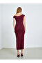 Burgundy Texture Asymmetric Neck Bodycon Midi Dress - 5