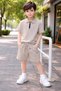 Boy's Cream-Ecru-Black Polo Zippered Collar Tshirt-Shorts Holiday Stylish Wedding Two-Piece Set
