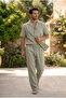 Men's Short Sleeve Linen Shirt & Baggy Pants Green Bottom Top Set Ls-7023 - 5