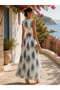 Chiffon Fabric Floral Patterned Long Dress with Gold Belt - 3