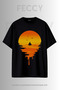 Premium Sunset Printed Hunter Theme Unisex Oversize Women's T-Shirt Men's T-Shirt Cotton Oversize T-Shirt