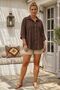 Light Brown Shirt Collar 3/4 Sleeve Buttoned Embroidered Perforated Embroidery Casual Cotton Woven Shirt 70 60 - 6