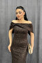 Beaded Lace Fabric Boat Neck Evening Dress - Brown - 4