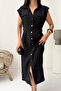 Women's Black Side Belted Lined Sleeveless Summer Midi Dress - 5