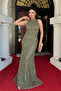 Full Beaded Fabric Halter Neck Evening Dress - Khaki Green - 2
