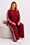 Women's Plus Size Burgundy, Stripe Detailed, Long Back Tunic, Elastic Waist Pants, Tracksuit Set 65N39498 - 5