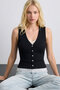 Gwon Slim Fit Ornament Button Lace Collar and Waist Detail Sleeveless Top & Blouse & Y2K - Black - 5
