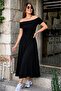 Women's Shoulder-Open Detailed Elastic Long Summer Viscose Dress - 4